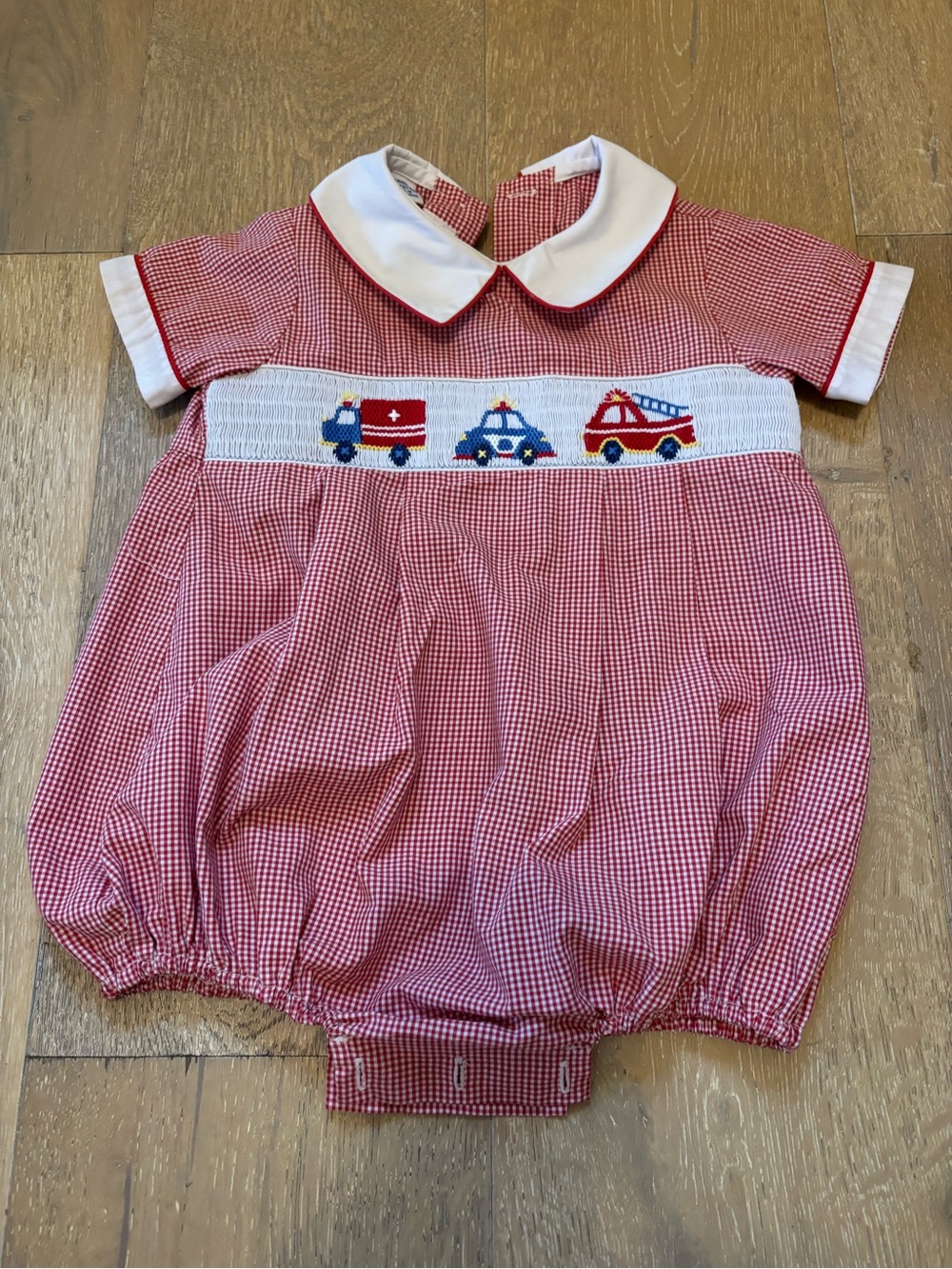 Anavini Red Gingham Smocked Baby Bubble with Rescue Vehicle Embroidery 24m